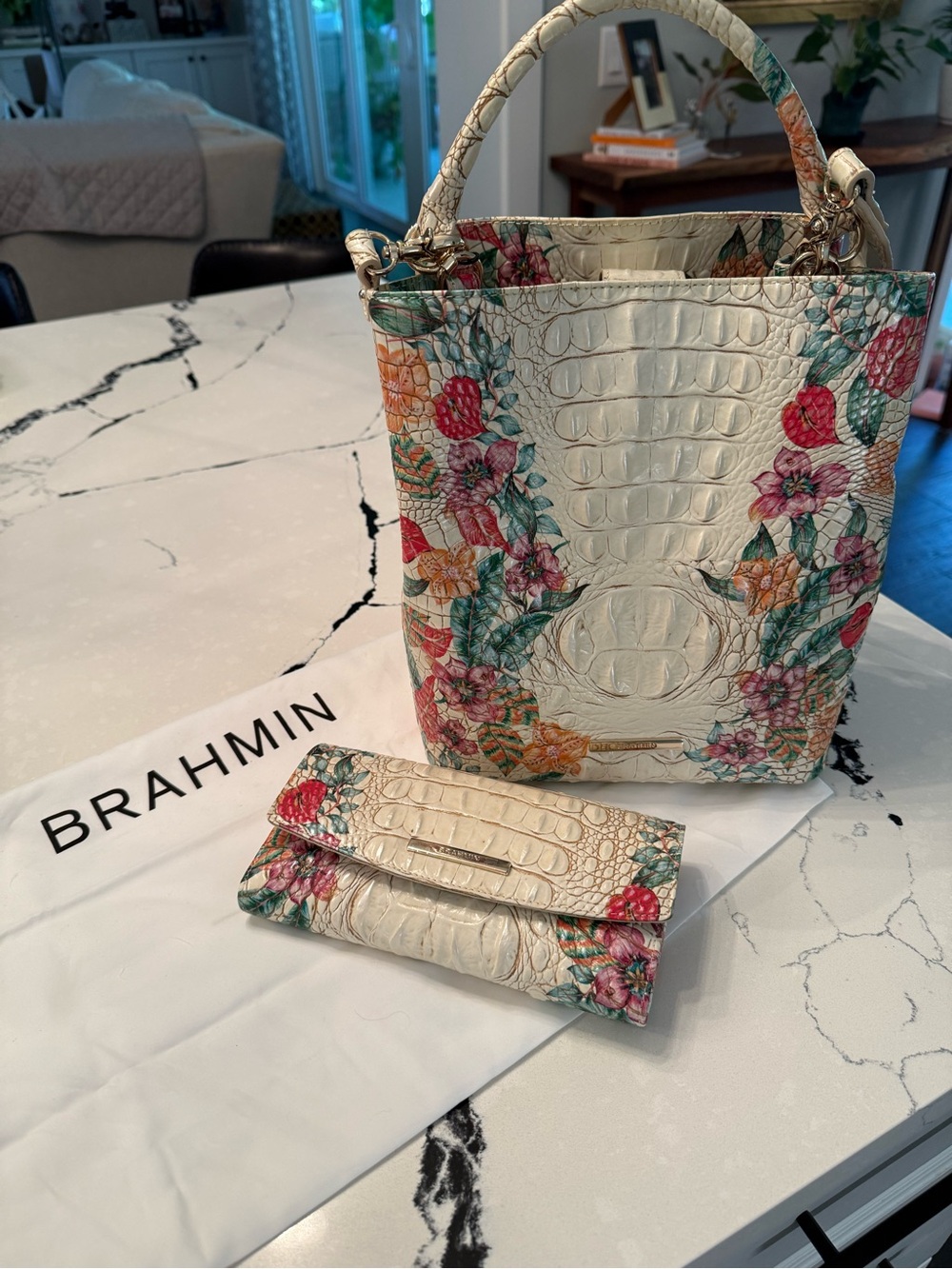 Brahmin Cream Floral Embossed Croc-Texture Satchel - Picture 2 of 6